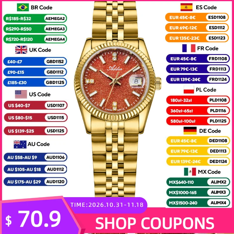ADDIES Luxury Women Quartz Wristwatch 28mm 316L Stainless Steel BGW9 Super Luminous Sapphire Glass 5Bar Waterproof Watch Date