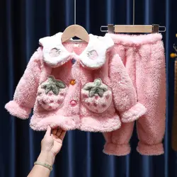 Baby girl pajamas set winter coral fleece fashion girls autumn winter thickening furry winter clothing children's home clothes