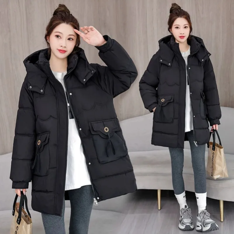 Women's Mid-Length Quilted Padded Coat Hood Loose Fit Parkas Korean Style Trendy Fall Layering Outerwear Casual Fashion New