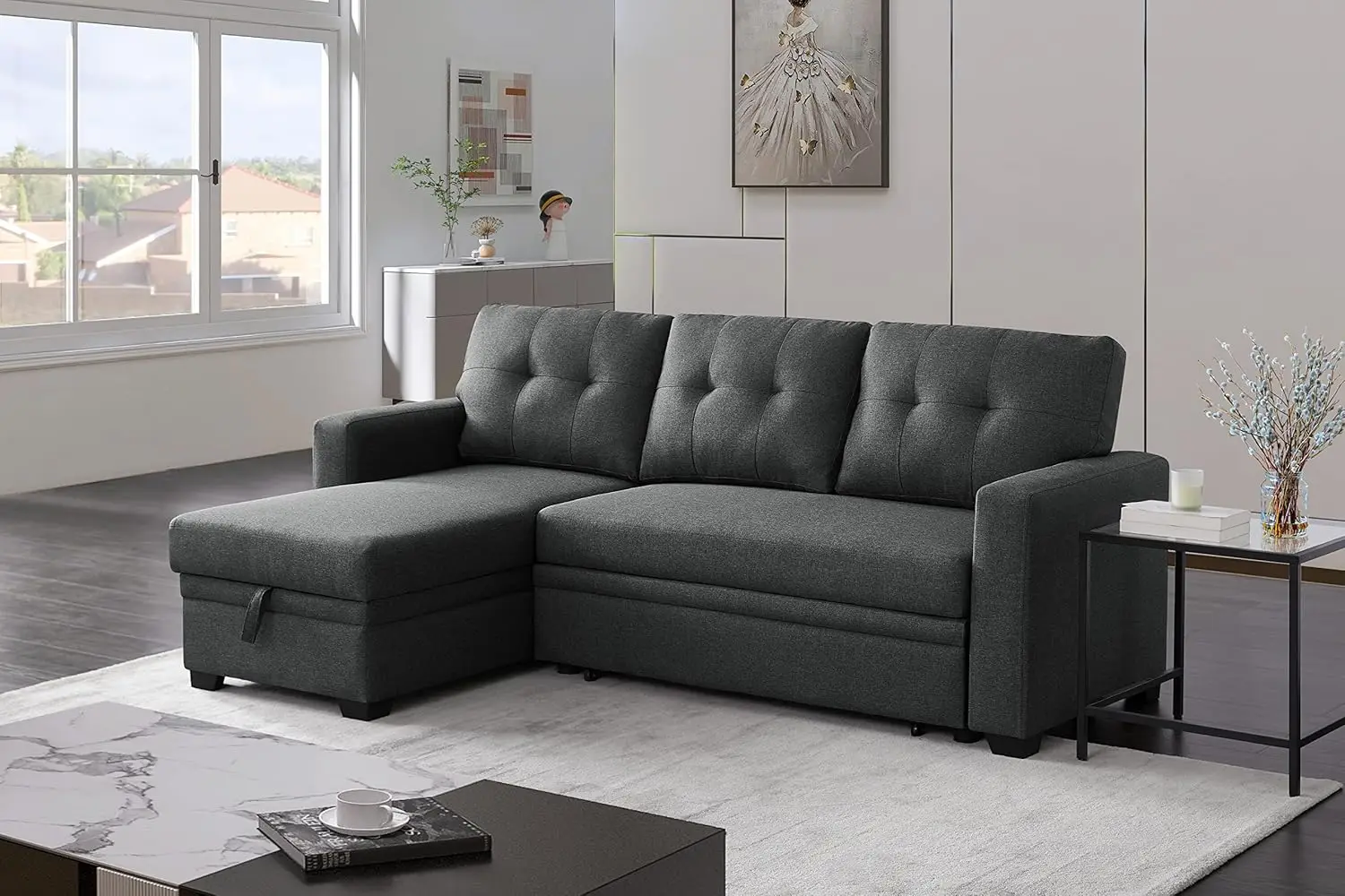 Reversible Sectional Sofa Couch, Sleeper Sofa Bed with Storage Chaise Pull Out Couch Bed for Living RoomHidden Stroge