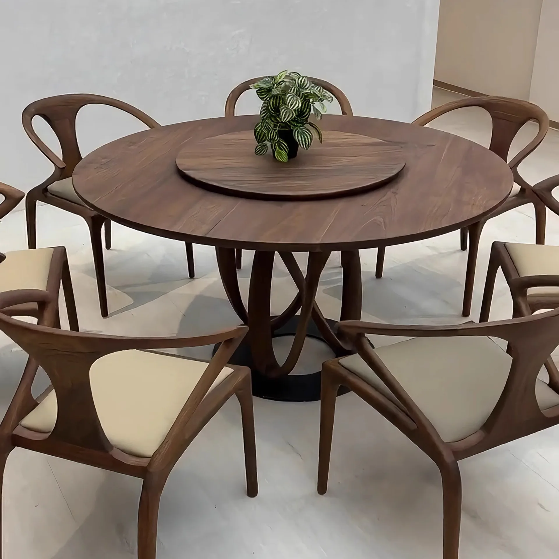 

New Chinese-style North American black walnut dining table and chair combination minimalist size apartment round solid wood dini