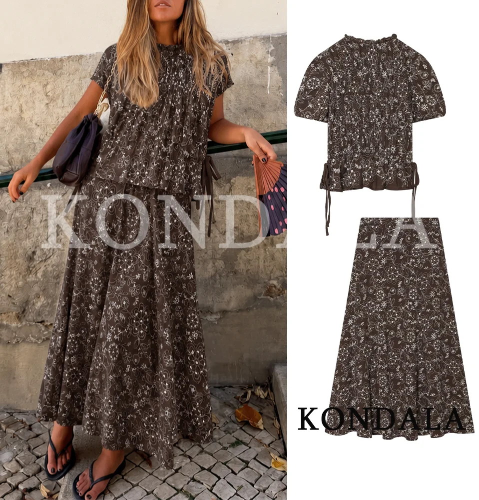 KONDALA Women Vintage Elegant Embroidery Skirt Set 2026 Vacation Boho Set Summer Chic Lace-up Short Sleeve Top,A-Line Midi Skirt