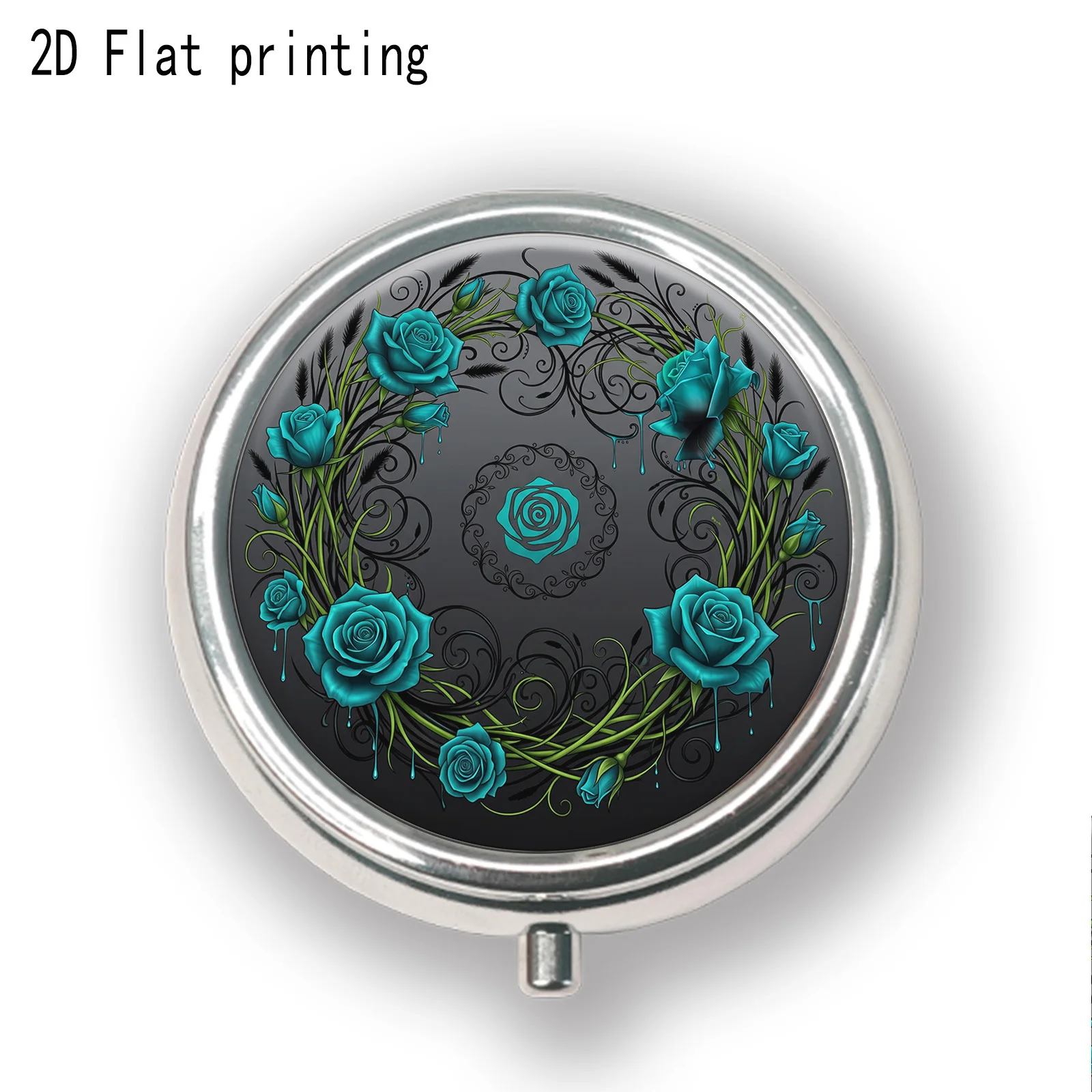 Single-piece, flat-printed portable three-compartment pill box, dark blue-green base with rose vine print. Travel pill organizer, sealed and moisture-proof, can store capsules, vitamins, and other small items, portable size, flat design