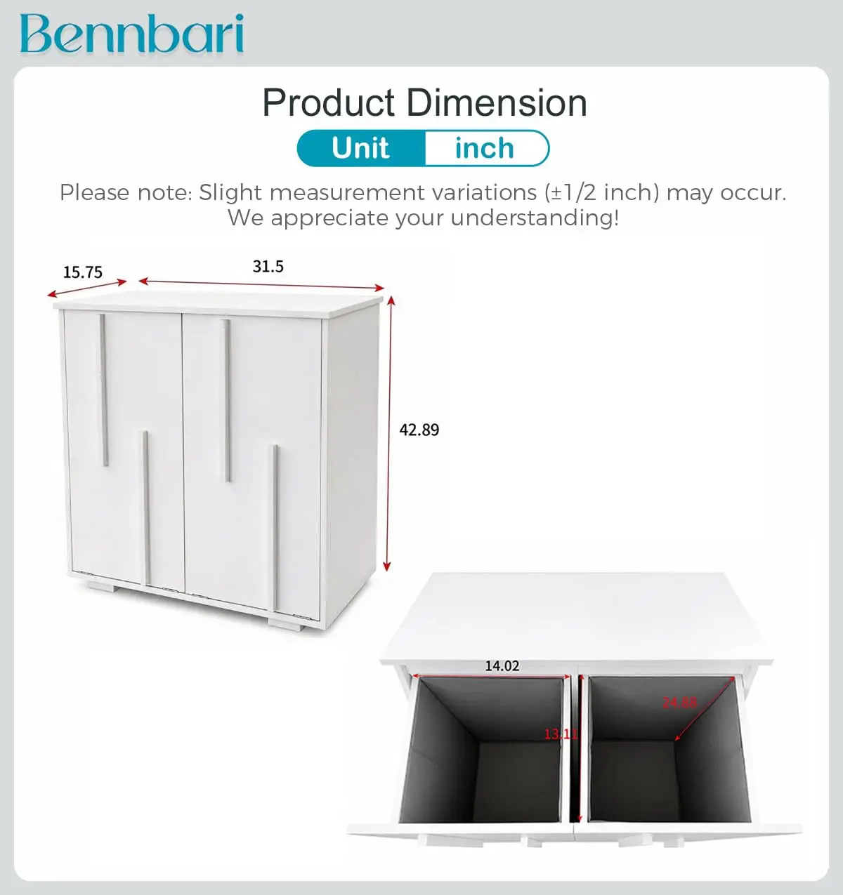 31.5-Inch Wide Laundry Hamper Cabinet with Fluted Tilt-Out Doors, 2 Removable Liner Bags, 2 Sections (White), Customized