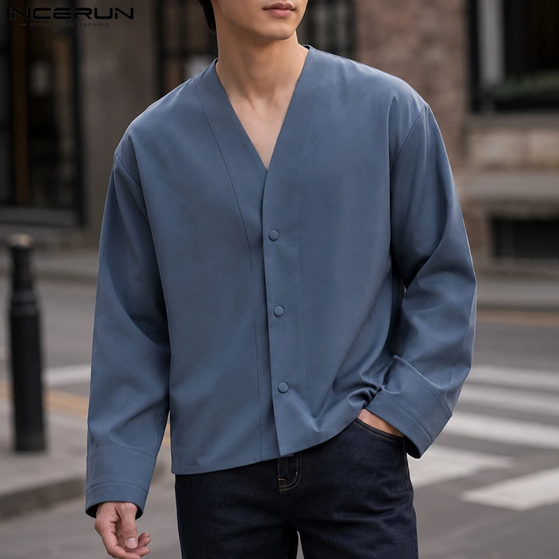 INCERUN Men's Shirt Solid Color V Neck Long Sleeve Loose Casual Men Clothes Streetwear 2026 Oversize Leisure Tops For Man Shirts