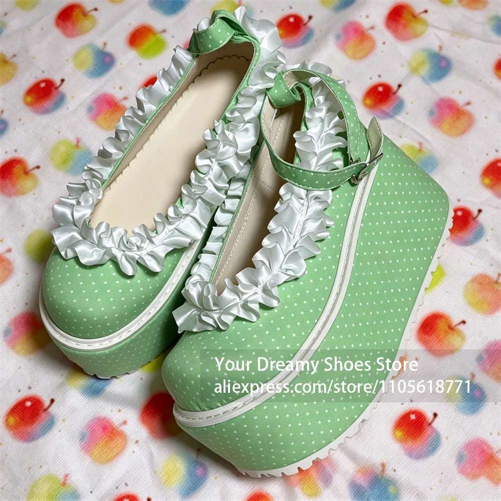 Thick Platform Sole Women Mary Jane Pumps White Ruffle Trim Green White Polka Dot Fabric Upper Pump Ankle Strap With Buckle Pump