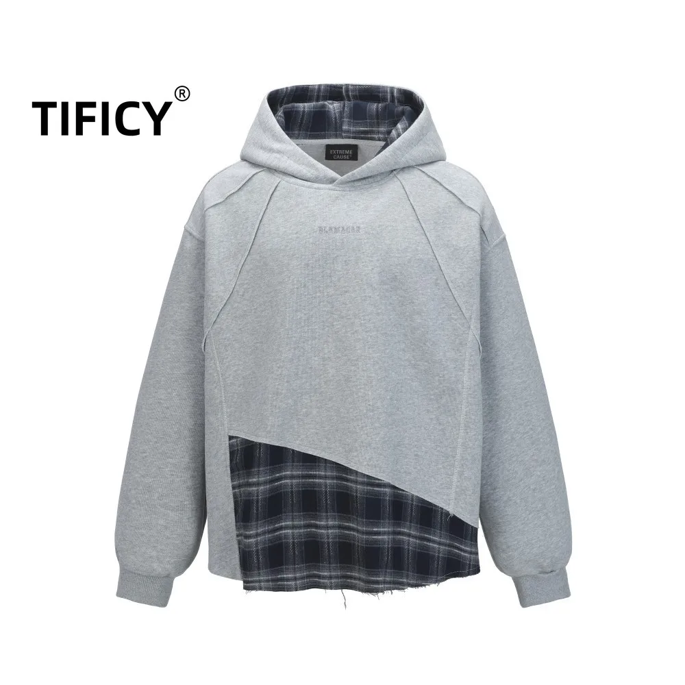 

TIFICY New Fake Two Piece Destructive Checkered Splicing Hoodie Men's American Loose Hoodie Streetwear Sweatshirt Tops