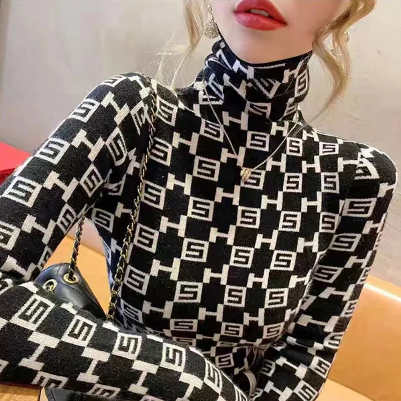 Women Letter Jacquard Slim Turtleneck Sweaters 2024 Spring New Vintage Fashion Daily Casual All-match Knitted Pullover Top