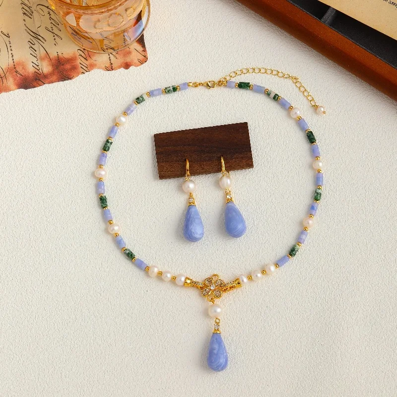 

New Statement Waterdrop Blue Aventurine Jade Raw Stone Natural White Freshwater Pearl Retro Cubic Zircon Flower Charms Necklace