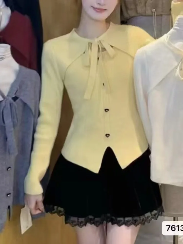 

Yellow Knitted Sweater Women's Slim Fit ort Sle Spring 2026 New Design Korean Sle Side Slit Long Sve round Ne Top