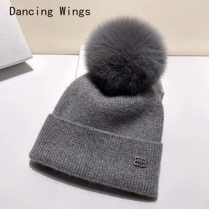 Real Fox Fur pom poms ball Skullies Beanies Keep Warm Winter Hat for Women Child Girl 's Wool Hat Knitted cap thick female cap