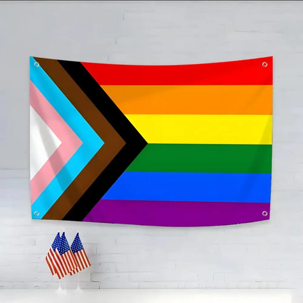 LGBTQ Progress Pride flag Flags Daily four rings hanging no edging for indoor use and outdoor decor easy hanging