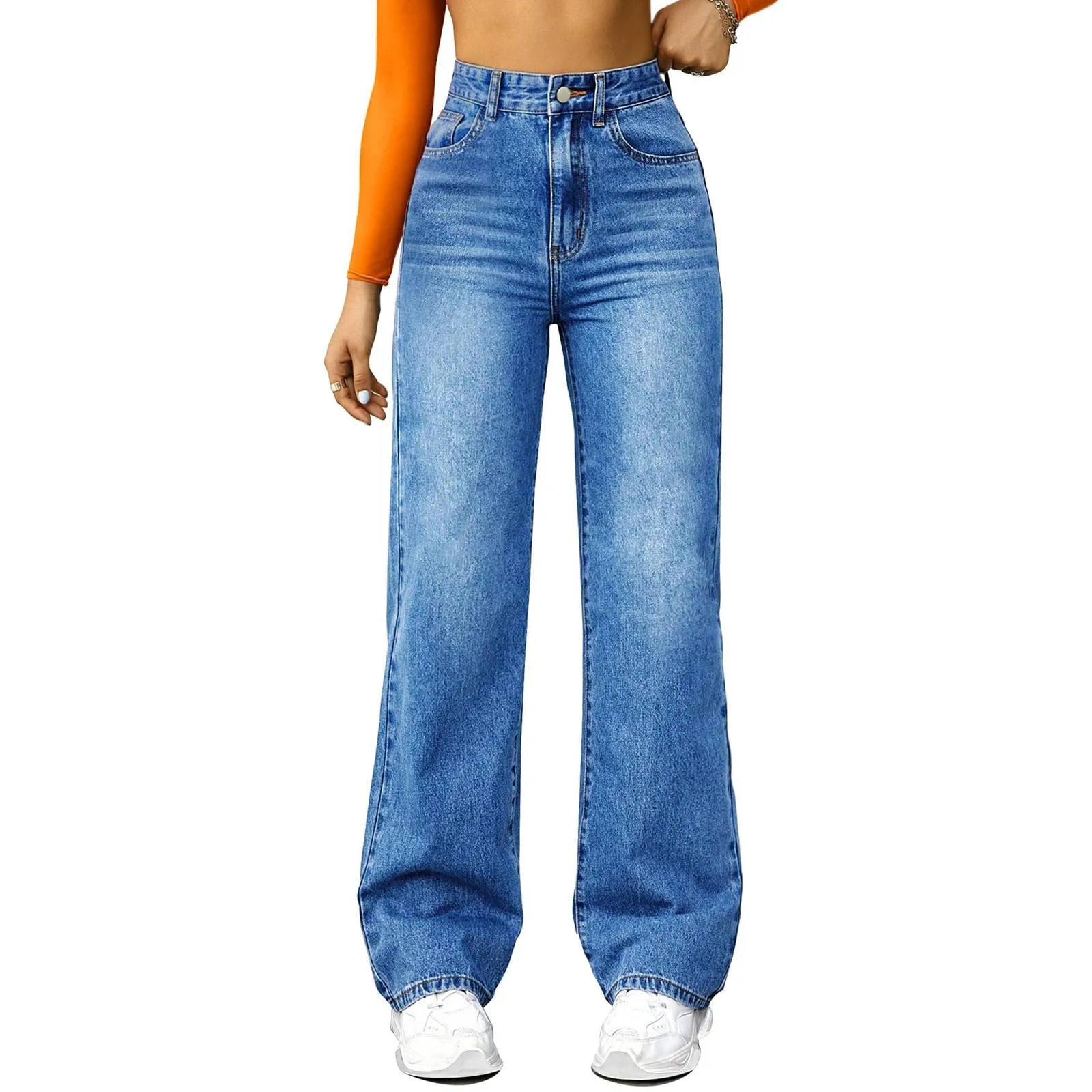 Pantalones vaqueros básicos rectos de longitud completa para mujer estilo coreano Color sólido pantalones vaqueros informales sueltos simples pantalones para desplazamientos diarios