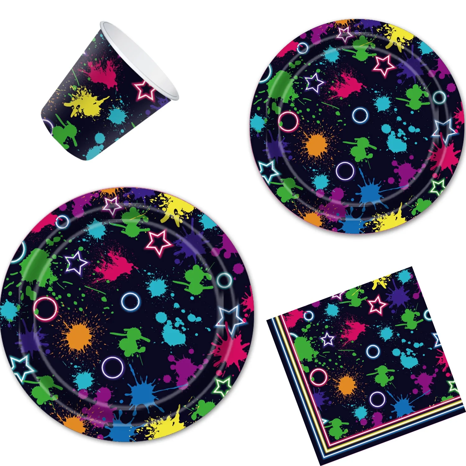 8Guests Neon Theme Disposable Tableware Colorful Graffiti Paper Plates Napkins CupsHappy Fluorescent Neon Birthday Party DIY