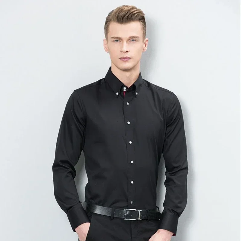 Casual White Shirts for Men with Fashion Drill Buckle Turtleneck, Long Sleeves Formal Business Dress Button Down Collar Outfits