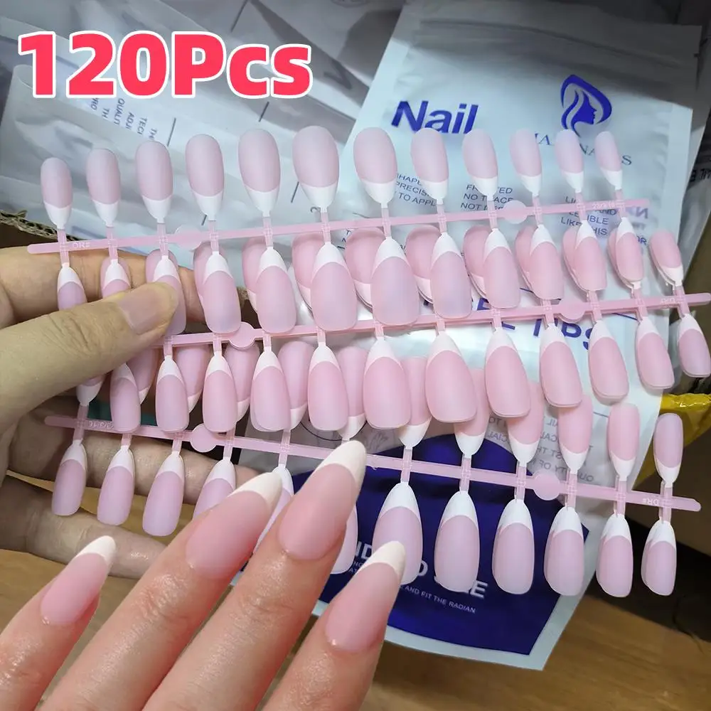 Faux ongles français en amande, 120 pièces, mat, Nude/rose, à pression, Design à bord blanc, couverture complète du bout des doigts pour Chic Girl Lady
