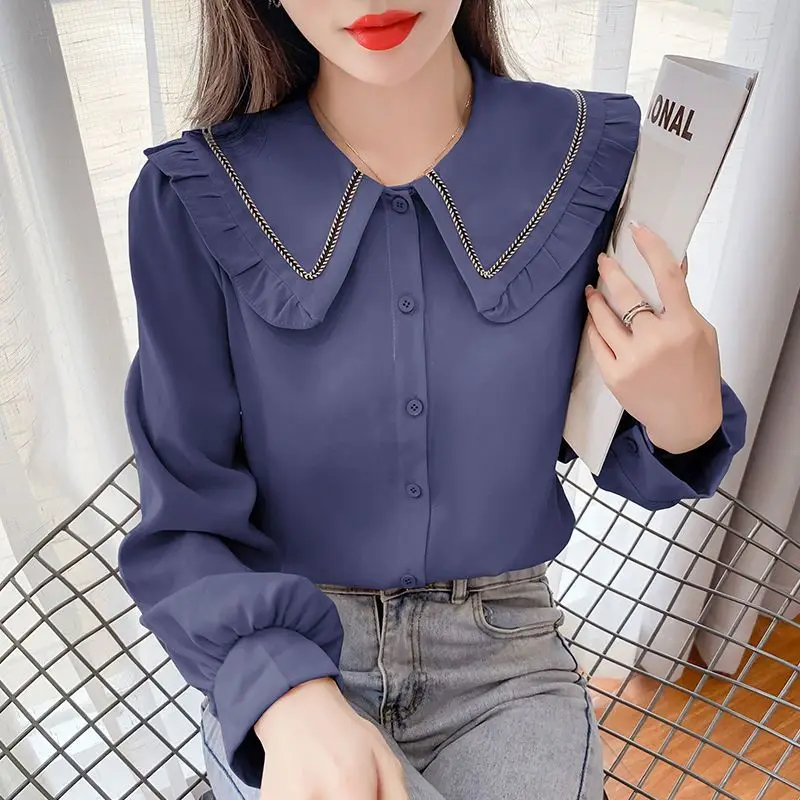 2023 Autumn Women Korean Fashion Elegant Button Shirts Sweet Ruffled Peter Pan Collar Solid Blouses Long Sleeve Chic Tops Blusa