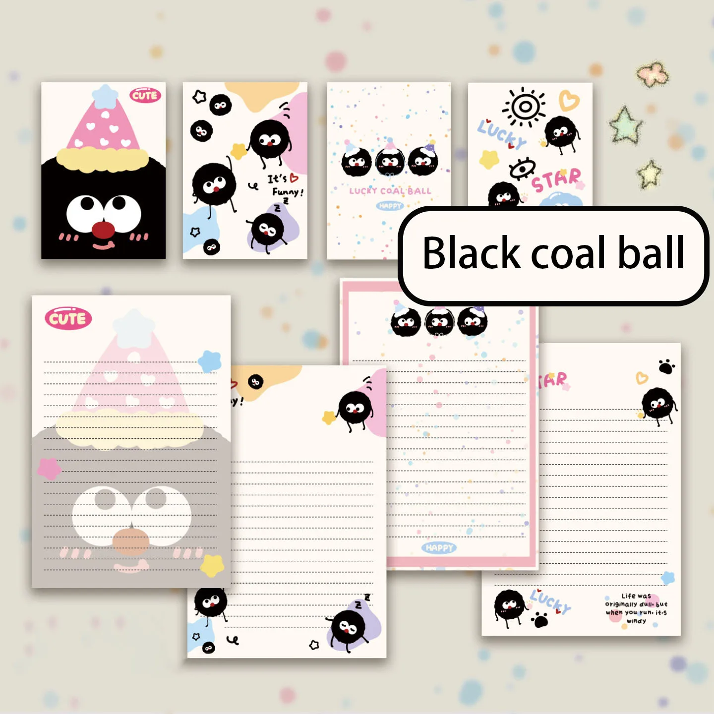 

Black coal ball envelope, 4 letterheads and 4 envelopes, cute and high-value student creative gift blessing message letterhead