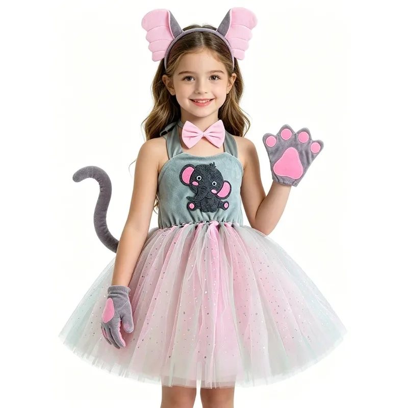 

Sparkly Elephant-themed Princess Dress for Girls, Pink-Grey Tulle Ballet Tutu Skirt, Kids Halloween Party Performance Costume