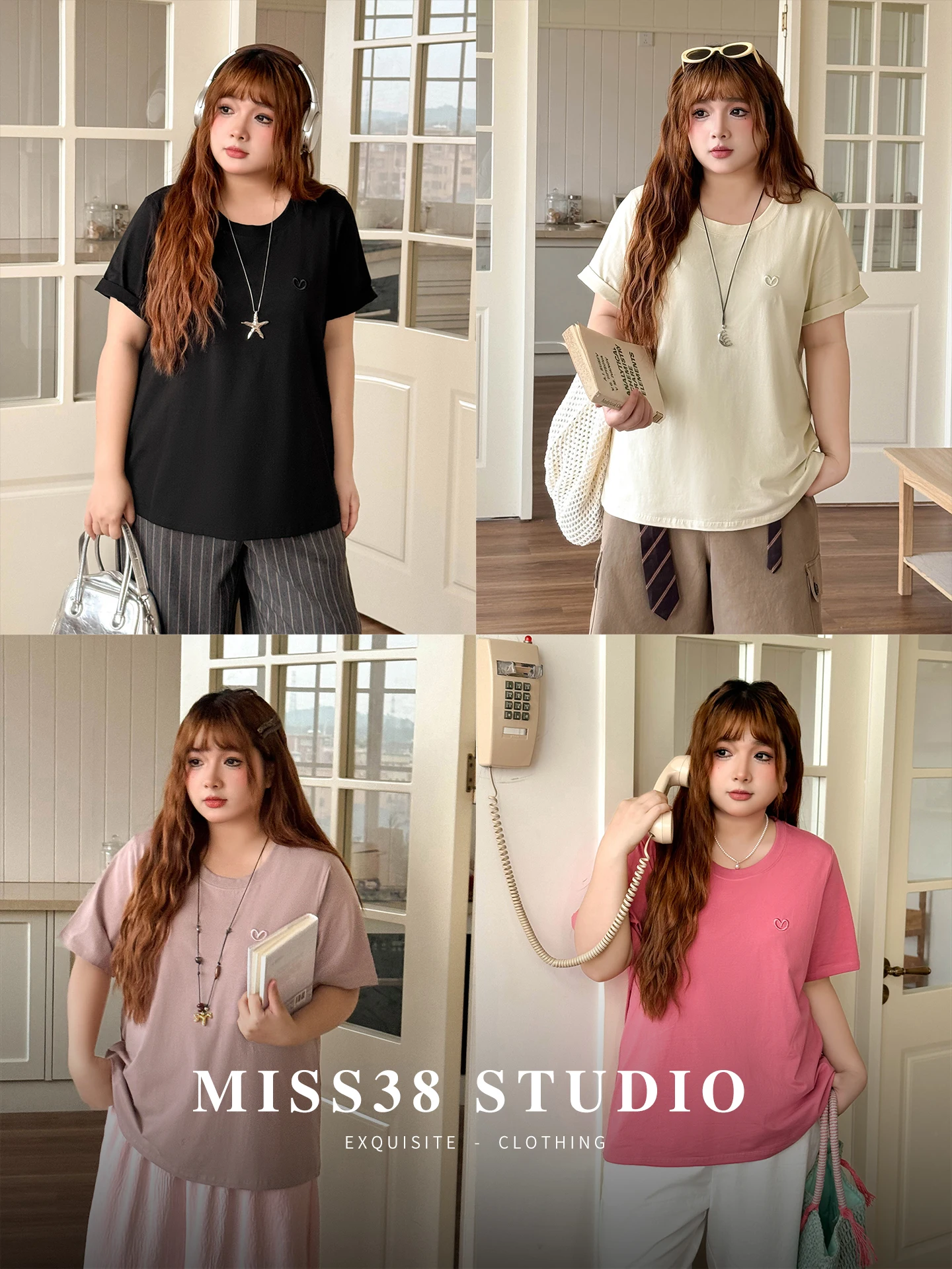 

plus Size Women's Ice Porcelain Cotton Embroidered Heart T-Shirt Short Sleeve Meat Concealing Casual Loose Fit Summer Top