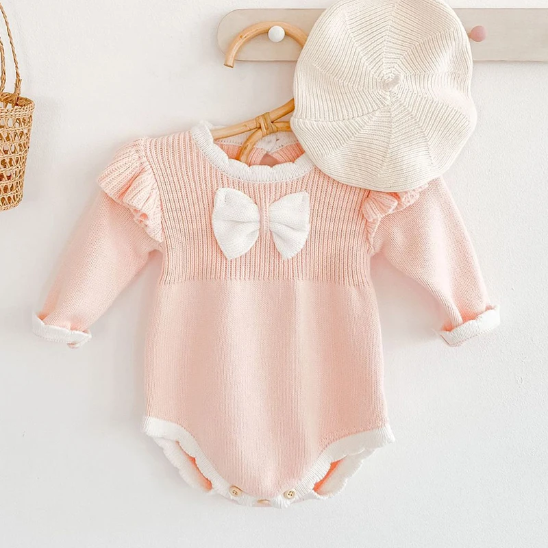 

0-3Yrs Autumn Kids Baby Girls Long Sleeve Bowknot Knit Jumpsuit Infant Baby Girls Clothes Newborn Baby Girls Rompers