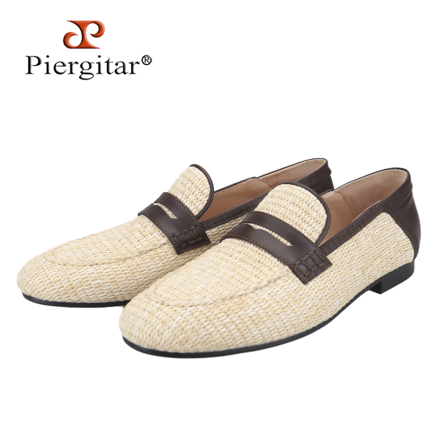 Mocasines Piergitar de Rafia Tejida con Parches de Cuero Genuino y Tira Cruzada Cosida a Mano, Estilo Vacacional para Hombre, Zapatos Sin Cordones