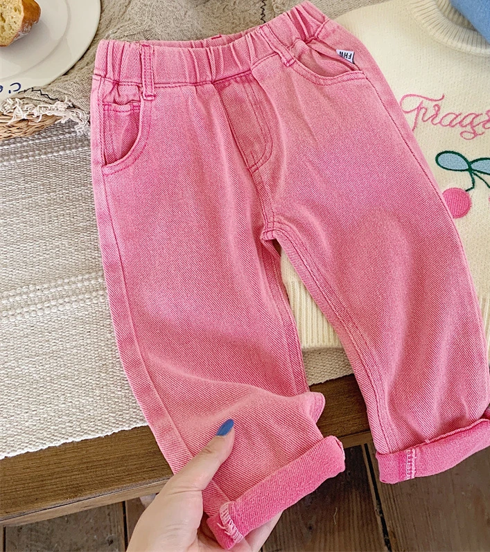 

Kids Pants Children Pink Jeans Autumn New Korean 2024 Girl Trousers Easy Trousers Baby Middle Waisted Tide Solid Sweet