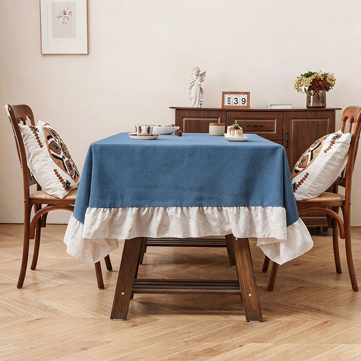 1PC American Style Countryside Ruffle Edge Color Blocked Tablecloth, Washable, Suitable for Living Room, Dining Room, Wedding