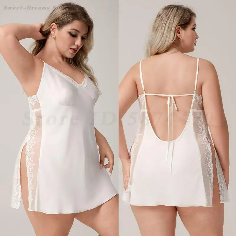 

Women Suspender Nightgown Large Size 5XL Sleepwear Sexy Perspective Lace Nightdress Nightwear Satin Slit Home Dress Loungewear