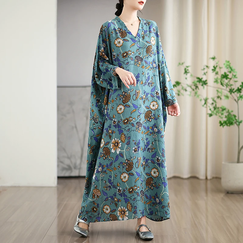 Robe longue rétro à col en V pour femmes, style vacances coloré, robe de voyage, coton chanvre, décontracté, printemps, automne, nouveau, A360