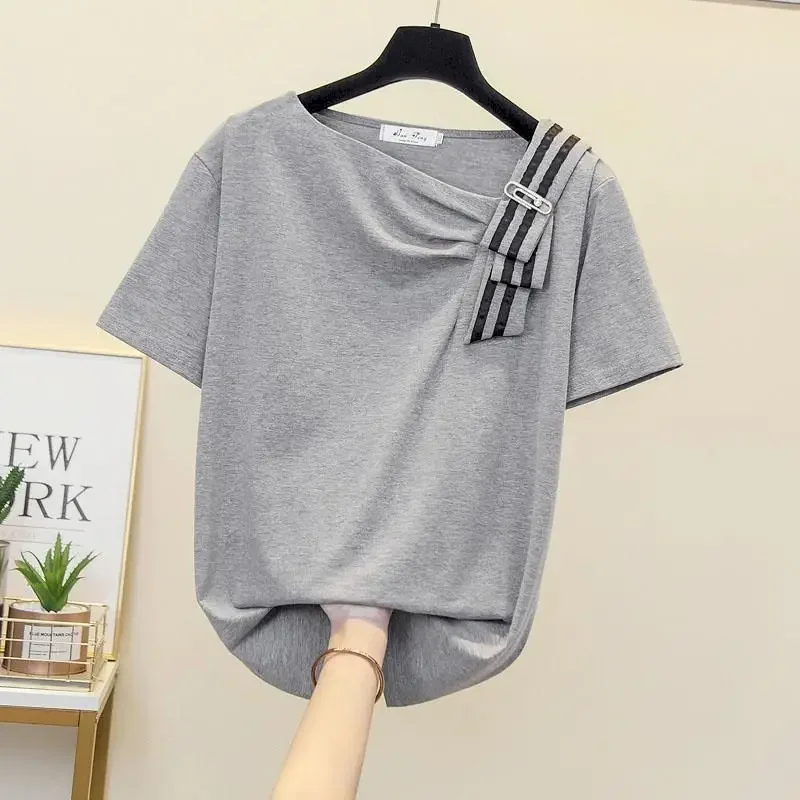 Cotton T Shirts Women Design Sense Niche Short-sleeved Tops Summer 2026 Loose Slimming Large Size T-shirt Women's Clothing Trend