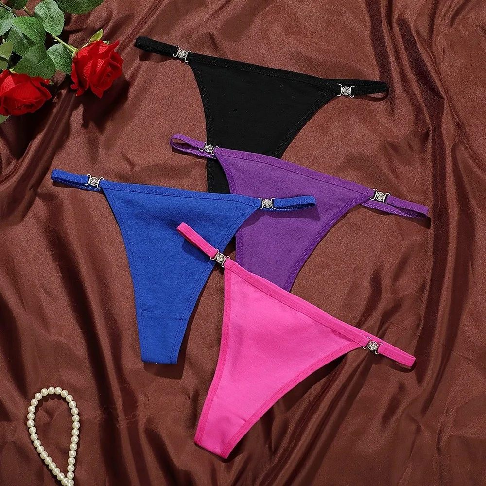 

Cotton Crotch Rhinestone Thongs Traceless Solid Color Bikini Briefs Underpants Low Waist T-back Panties Intimate Apparel