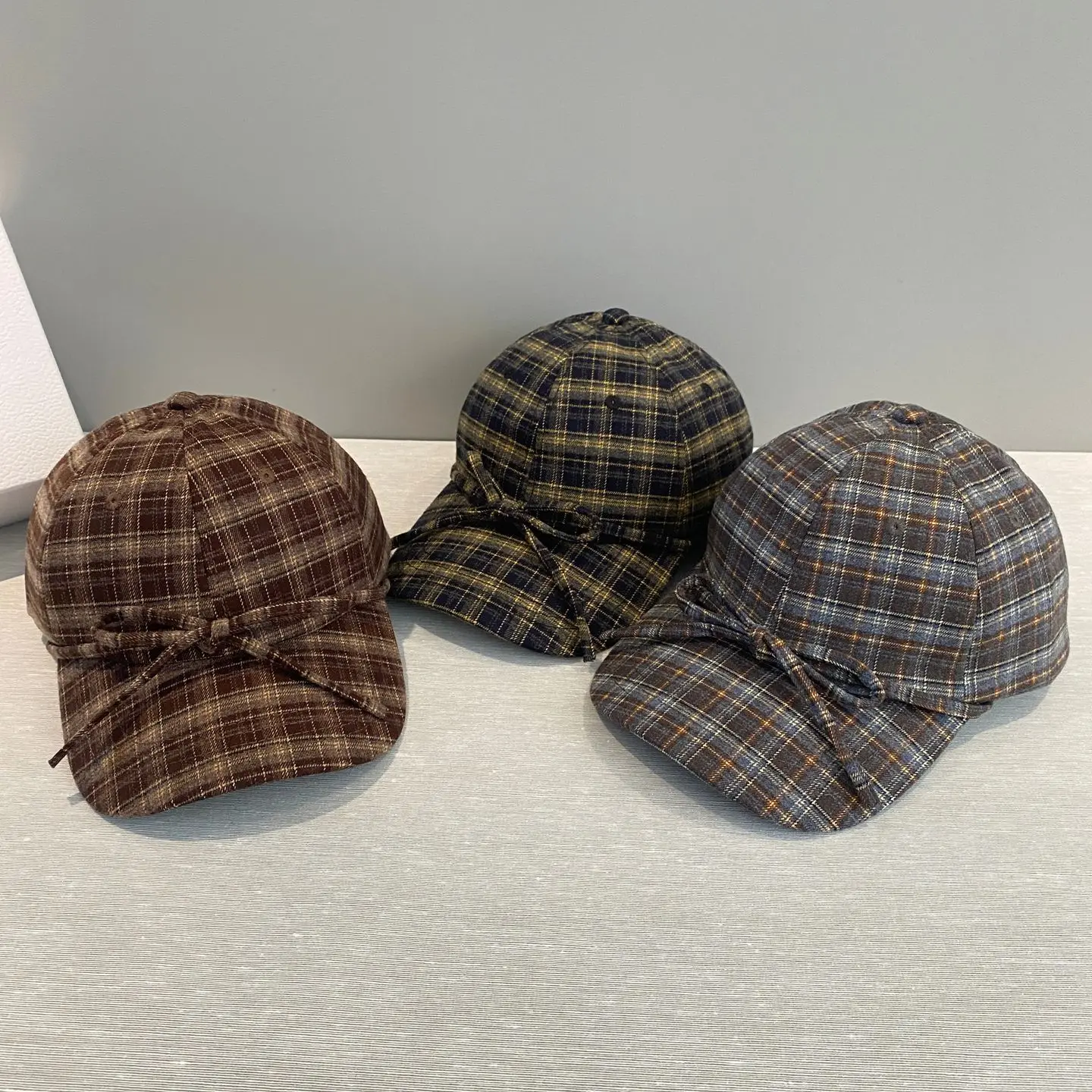 Woolen Cloth Versatile Check Baseball Cap Spring Autumn Outdoor Warm Lace-up Bow Shading Adjustable Women's Sports Hat