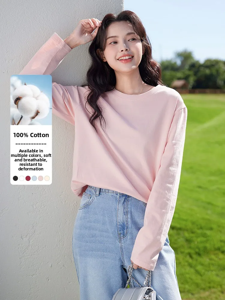 เสื้อยืดผู้หญิงทรงหลวม ผ้าฝ้ายแท้ แบรนด์ Bal Pure Cotton รุ่น Ne Long Sve สีเบจ สำหรับใส่เป็นเสื้อตัวในช่วงฤดูใบไม้ร่วง