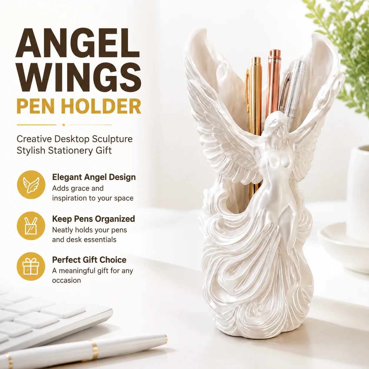 3D Printed Angel Wings Pen Holder Creative Desktop Sculpture Artistic Tabletop Ornament Stylish Stationery Gift