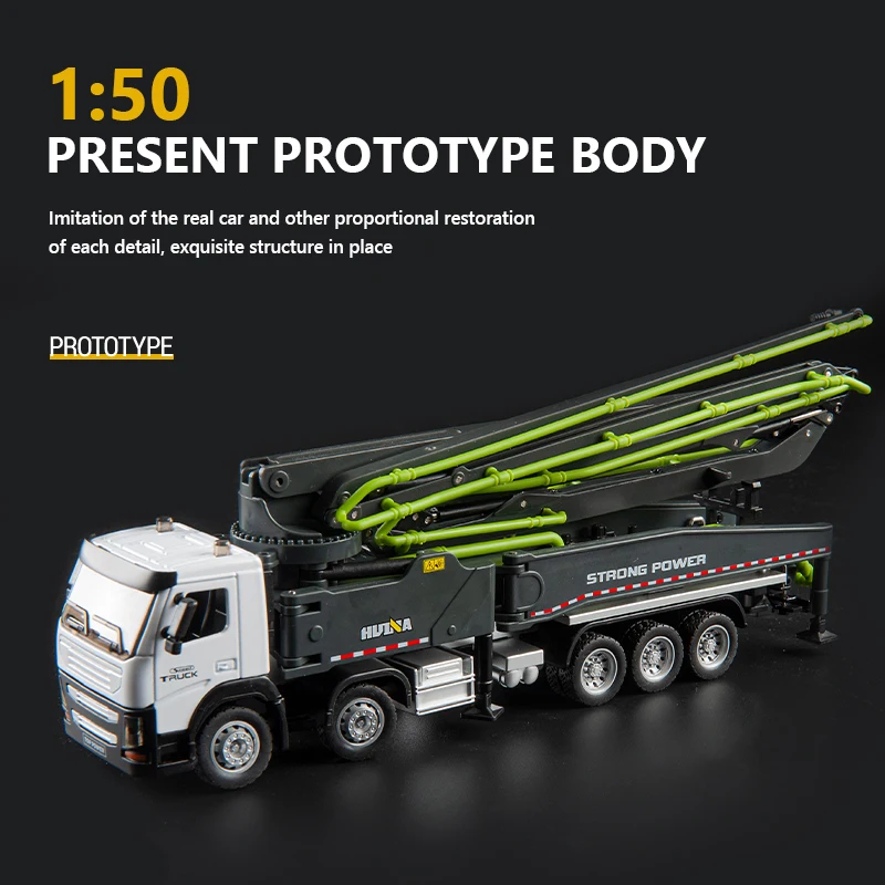 Huina 1709 1:50 Truck Model Toy Alloy Cars Trucks Movable Concrete Pump Truck Toy Simulation Engineering Construction Car Model