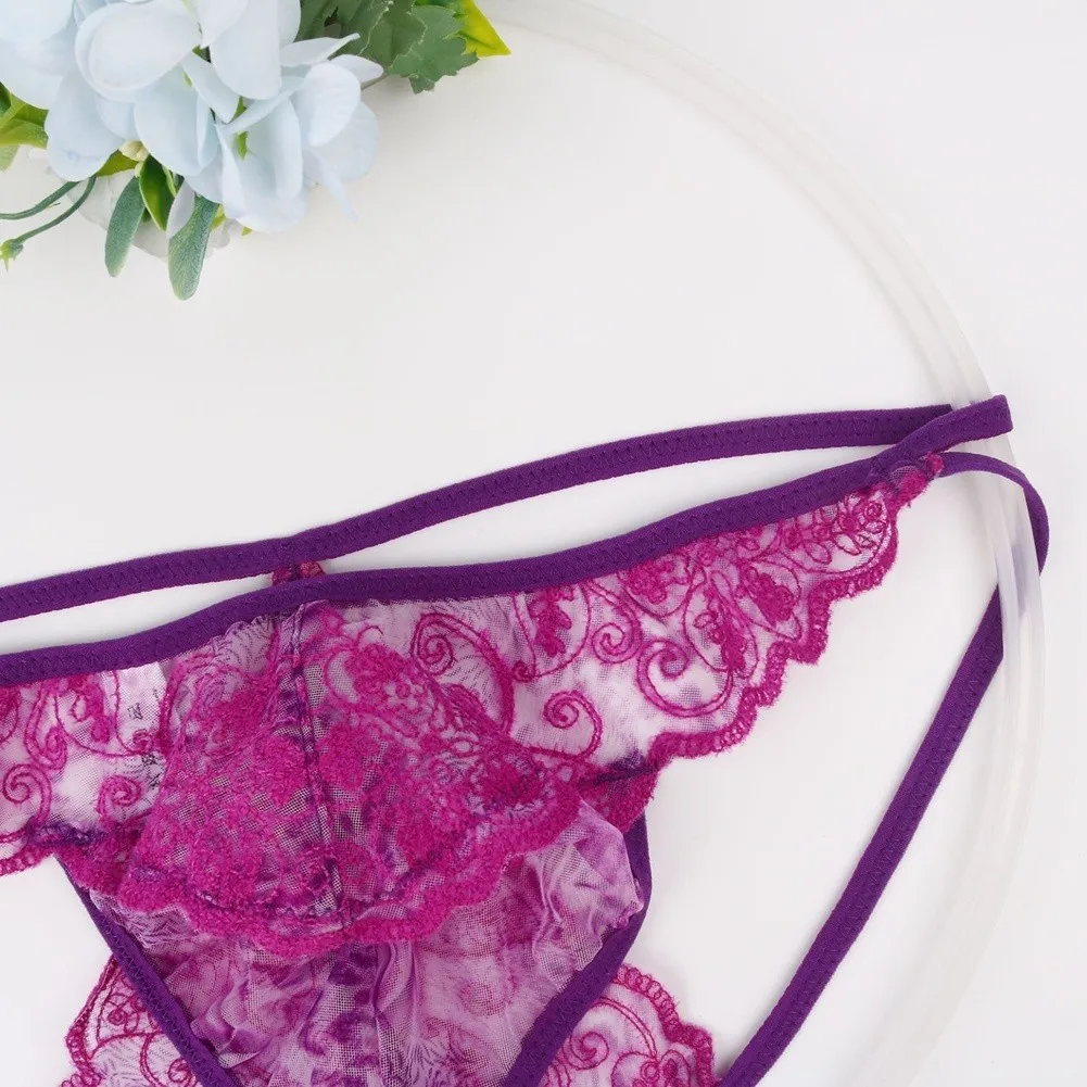 Men's Mesh Embroidered Lace G-String Underwear Print Low-waist Thongs Panties Transparent U Bulge Pouch Panties