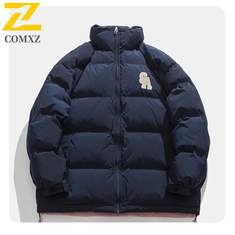 COMXZ スタンドカラーパッド入りメンズ冬新作ストリートウェアレターパッチ刺繍厚手暖かい防寒綿軽量ウインドブレーカー
