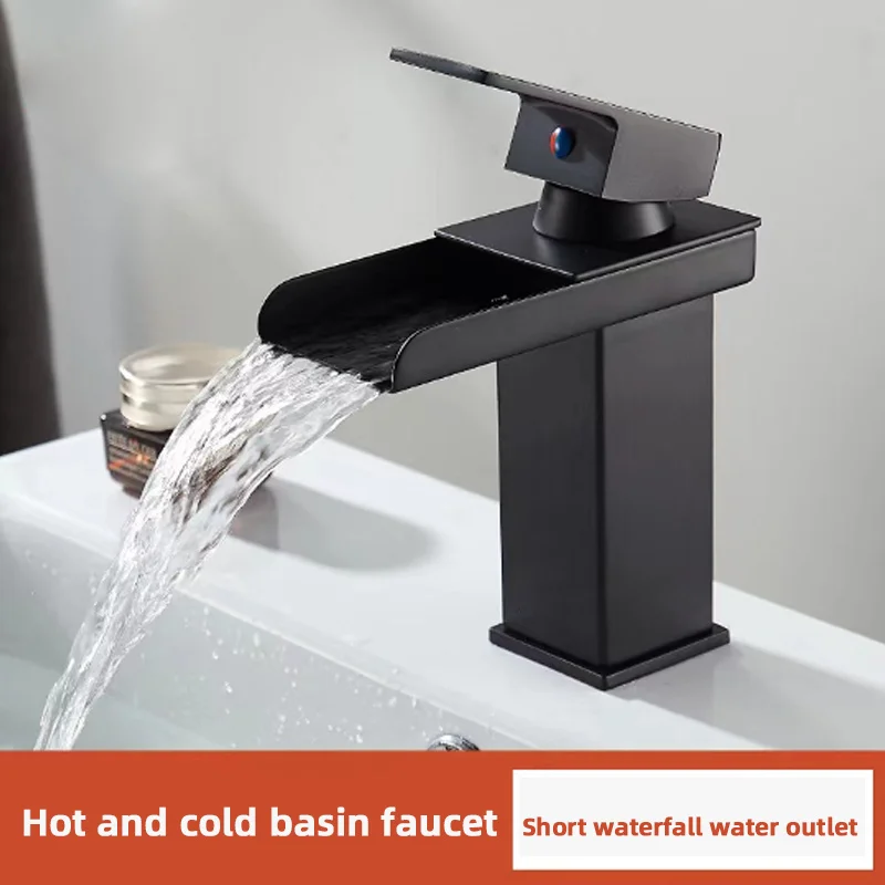 

Цельномедный смеситель-водопад — гладкая черная хромированная отделка — горячая и холодная вода с впускной трубой G1-2 — подходит для ванной комнаты