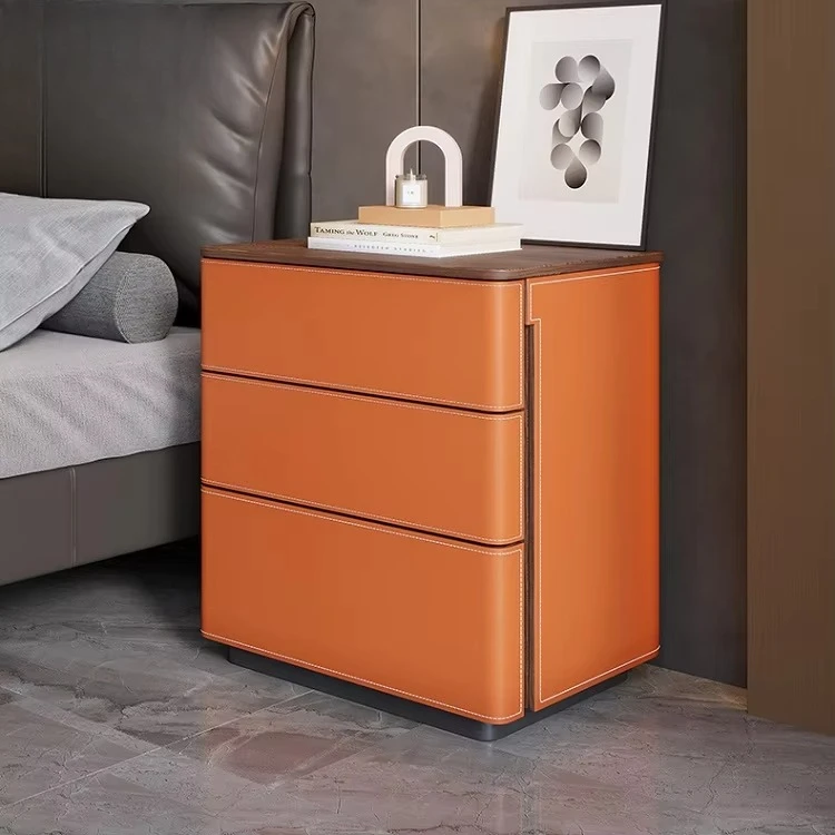 

Modern Luxury Orange 3 Drawer Bedside Table Hotel Villa Bedroom Wood Frame Leather Bedside Table Furniture
