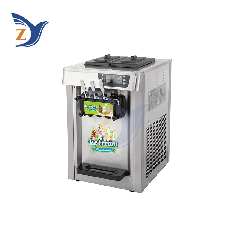 เครื่องทําไอศกรีมเดสก์ท็อปสแตนเลสนุ่มอุปกรณ์ตารางเชิงพาณิชย์ที่กําหนดเองขนาดเล็ก Stalle สามสี 20 ลิตรต่อชั่วโมง