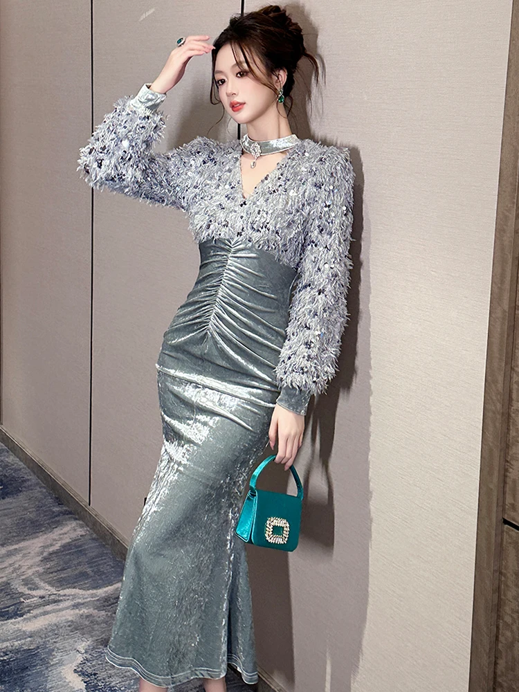 Vestido de festa de aniversário estilo francês feminino retrô celebridade pele retalhos oco corte diamante dobras rabo de peixe robe banquete