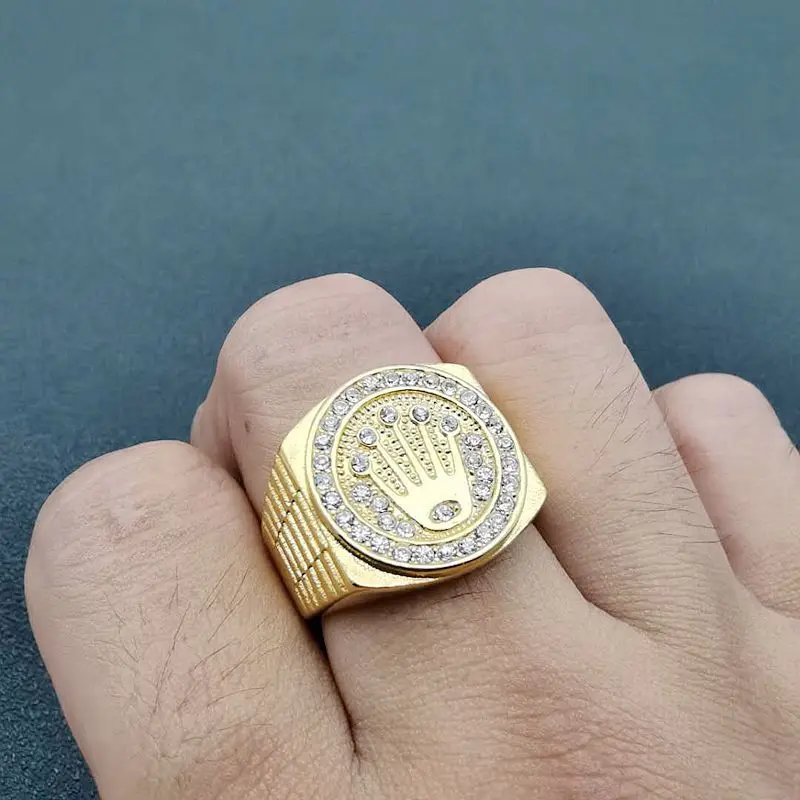 Anillo de acero inoxidable con circonita y tres cuentas para hombre, corona de 19mm, joyería de hip-hop