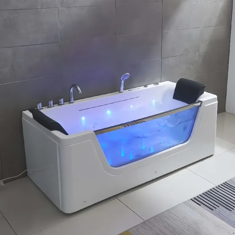 Waterfall Surfing Luxury Free Standing Apron Massage Bath Tub with 14 Jets LED Whirlpool Acrylic Bathtub Indoor