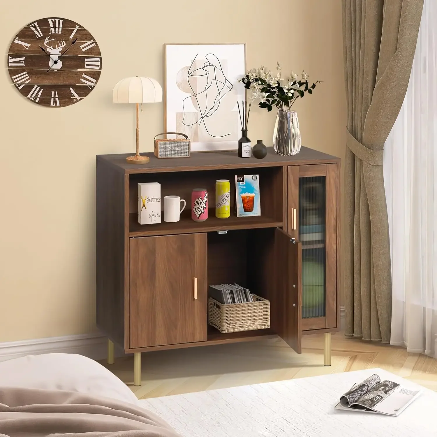

Storage Cabinet Credenza Sideboard Buffet with Glass Doors Free Standing Accent Entry Cabinet Coffee Bar