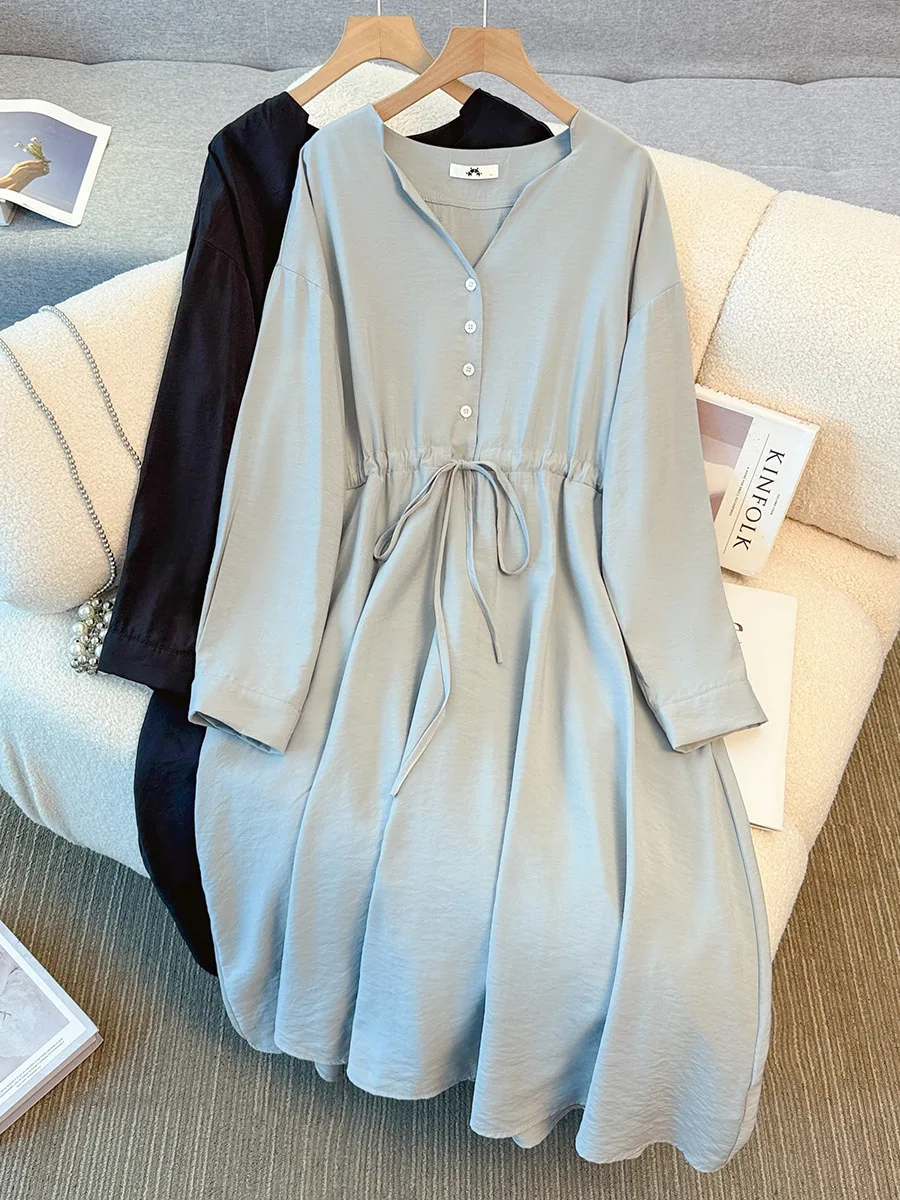 Sukienka damska plus size, rozmiar 150 kg+, biust 157 cm, jesienna, luźna, prosta, z długim rękawem, dekolt w serek, czarna, szara, rozmiary 5XL 6XL 7XL 8XL 9XL