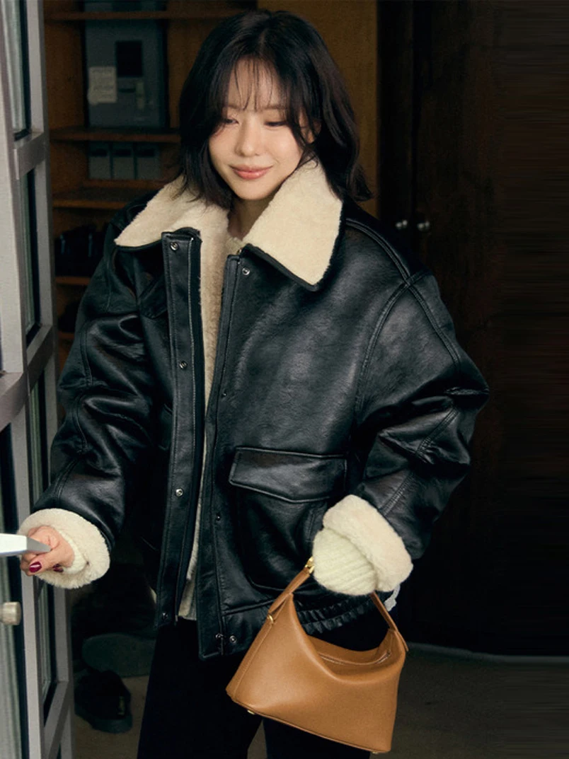 Thiened Fce gefüttert Retro Chic Motorrad Jaet Damen Hong Kong SLE PU Ledermantel Wärme Kragen Design Winter Außen...