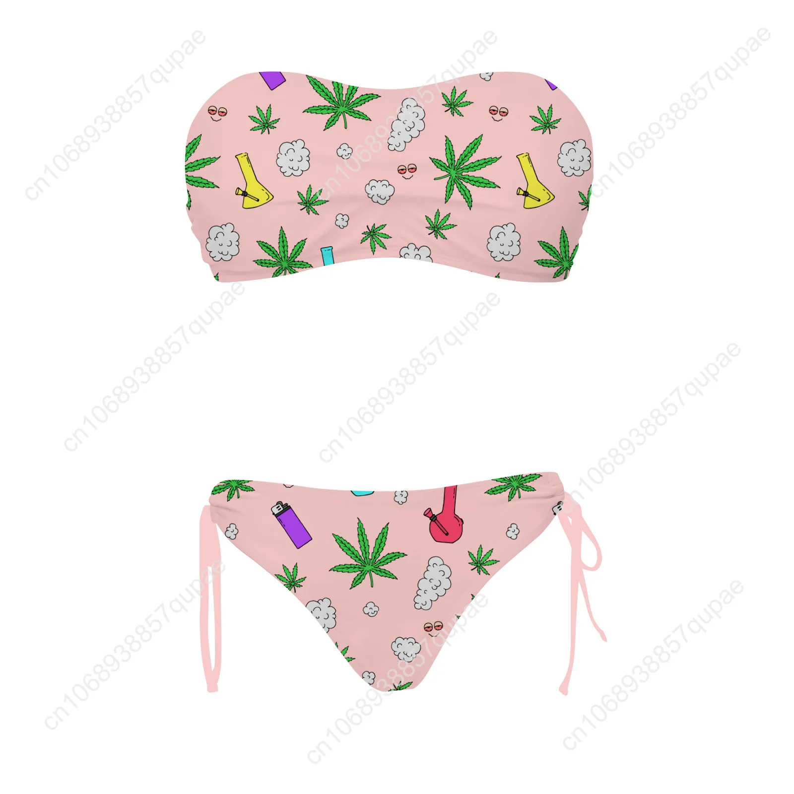 Leaf Weed Rasta MarijuanaYellow Green Custom Swimsuit Womens Drawstring Two Piece Set Bathing Suits Swimwear Bikini Beachwear