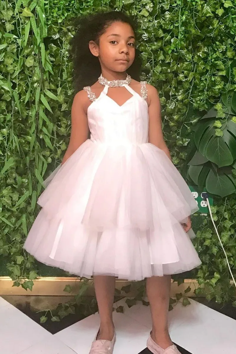 White Flower Girl Dress Puffy Tulle Cute Ball Gown Layered With Beaded Straps Fit Wedding Party Birthday First Communion Gowns