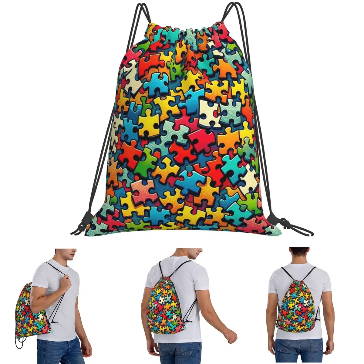 Autism Awareness Colorful Puzzle Piece Print Backpacks Portable Drawstring Bundle Pocket Sundries Bag Book Bags Man Woman School